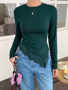 Serisse 女款修身圓領長袖不對稱下擺T恤 - 墨綠色 - 查看 3