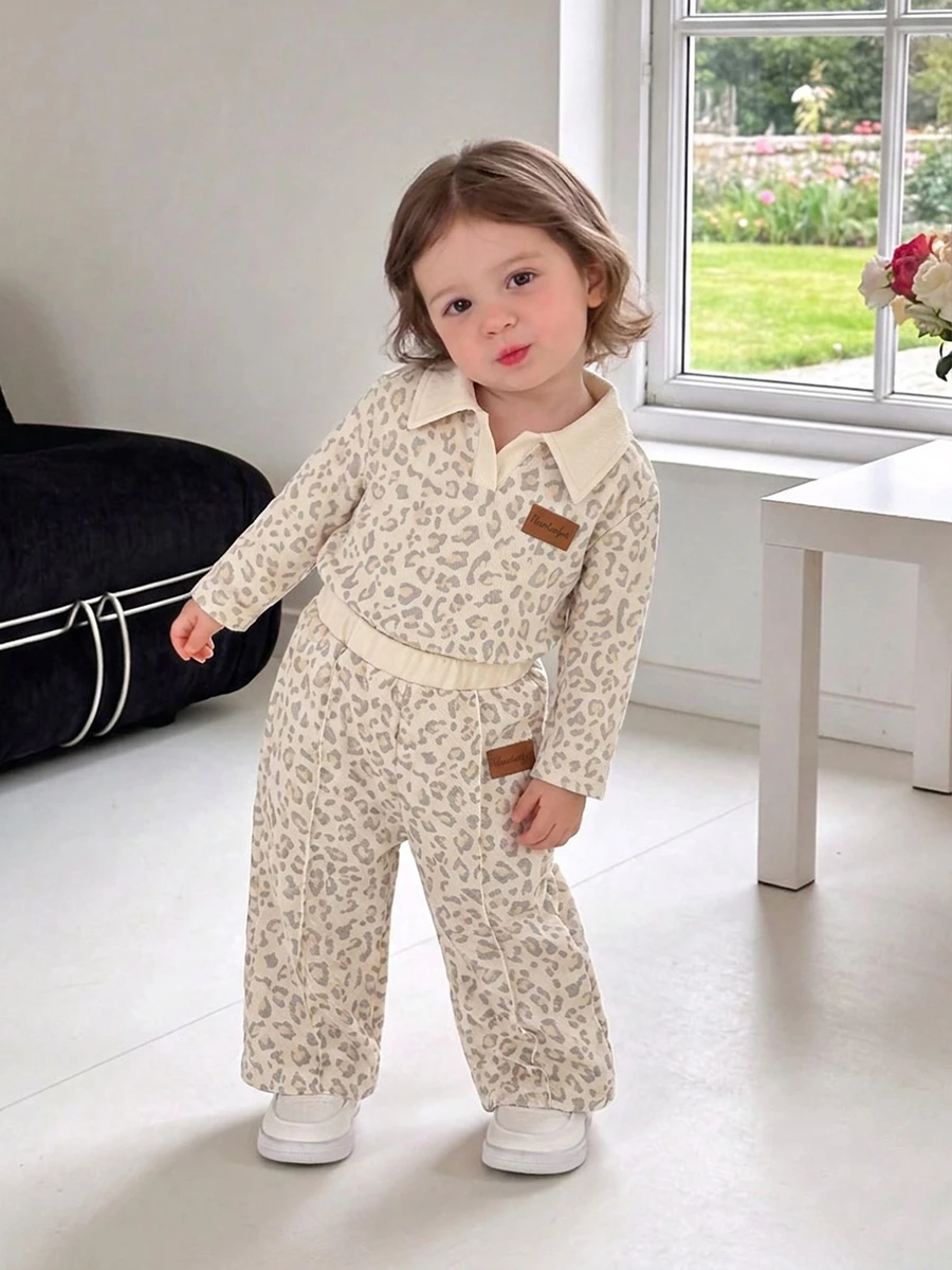 Baby Girls Leopard Polo Wide Leg Pants 2 Pcs Set,Beige Elastic Waistband.Suburban Outings, Shopping, Other Occasions, Spring /Autumn/Winter - Khaki - View 1