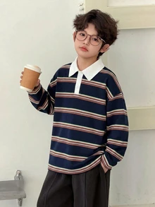 DAZY 青少年男孩條紋拼接休閒日常長袖T恤 - 藏蓝色 - 查看 5