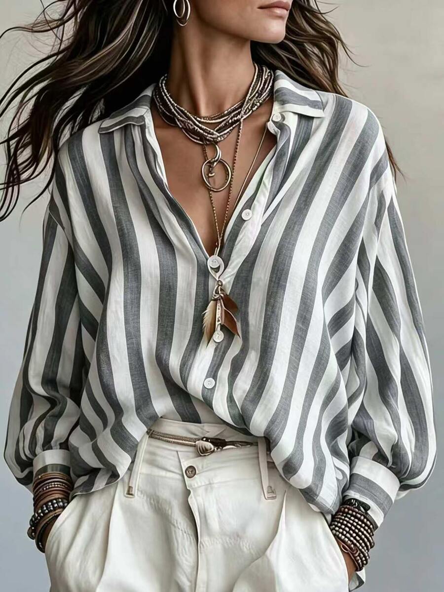 SHEIN 復古咖啡棕條紋翻領寬鬆長袖女款襯衫,垂墜慵懶休閒風,適合度假通勤百搭上衣 - 灰色 - 查看 1