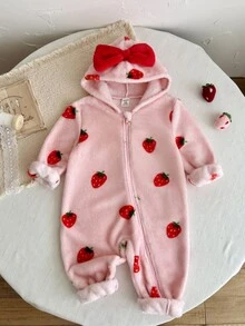 SHEIN Bộ romper trẻ em gái dệt kim màu trơn họa tiết dâu tây có mũ lông giả phong cách thường ngày - Nhiều màu - Xem 6