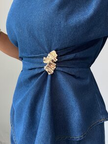 Elenzga Conjunto de Top de Denim con Cuello Asimétrico, Manga Murciélago y Cintura Fruncida de Metal & Pantalones de Pierna Ancha - Azul - Ver 7
