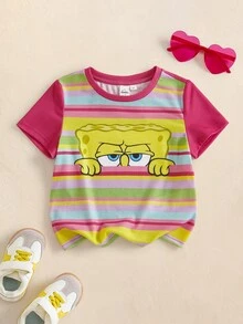 SpongeBob SquarePants | SHEIN Young Girl Striped Cartoon Graphic Print Short Sleeve T-Shirt - Pink - View 1