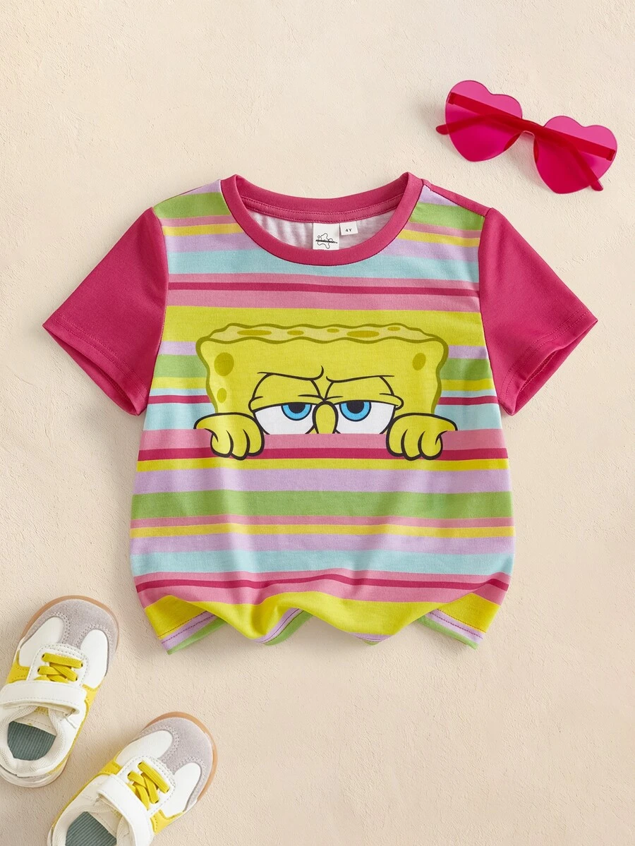 SpongeBob SquarePants | SHEIN Young Girl Striped Cartoon Graphic Print Short Sleeve T-Shirt - Pink - View 1
