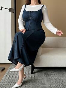 Dazy Plus Washed Vintage Denim Casual Layering Fitted Spaghetti Strap Denim Dress Spring/Autumn New - Dark Wash - View 5