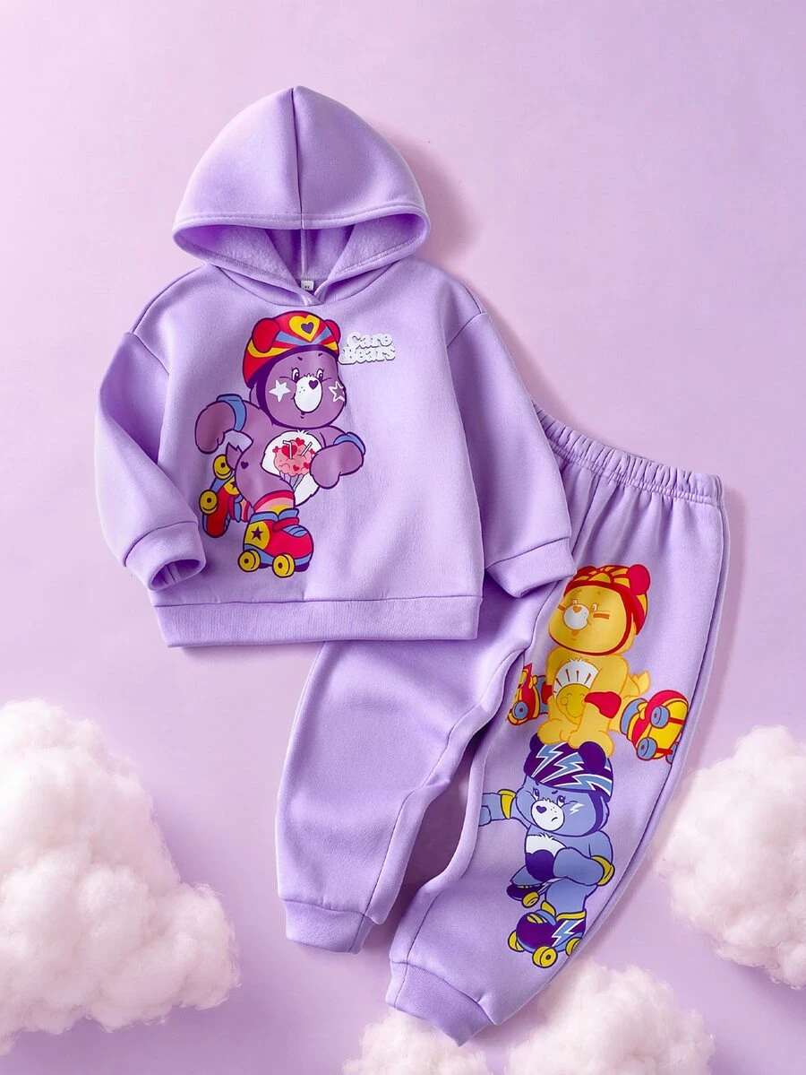 SHEIN X Care Bears 2件組兒童小女孩休閒百搭彩色卡通圖案圓領寬鬆長袖套頭上衣與長褲套裝,適合日常穿著、秋冬室內攝影、運動、節慶、生日、開學季 - 紫色 - 查看 1