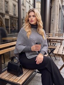 Vionelle Plus Size Women's Vintage Elegant Twisted Rope Textured Knit Shawl, Suitable For Fall/ Daily And Holiday Wear Office Grey - Light Grey - View 2