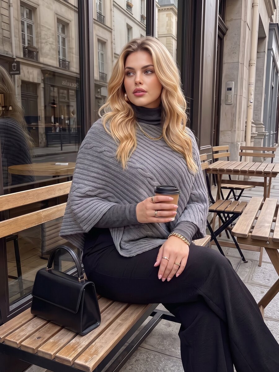 Vionelle Plus Size Women's Vintage Elegant Twisted Rope Textured Knit Shawl, Suitable For Fall/ Daily And Holiday Wear Office Grey
