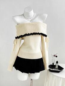 Elamini Women's Slim Fit Lace Trim Off Shoulder Long Sleeve Patchwork Tie Bow Knit Sweater - Apricot - View 3