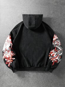 ROMWE MEN 男士日系動漫花卉藝術印花深色街頭風連帽衛衣 - 黑色 - 查看 3