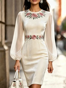 Balvessa Velvet Embroidered Round Neck Long Sleeve Elegant Women Dress - Apricot - View 1