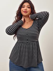 Enliva Plus Size Women's Striped Casual Everyday Stretch Long-Sleeve T-Shirt Apple,Rounded Body - Multicolor - View 1