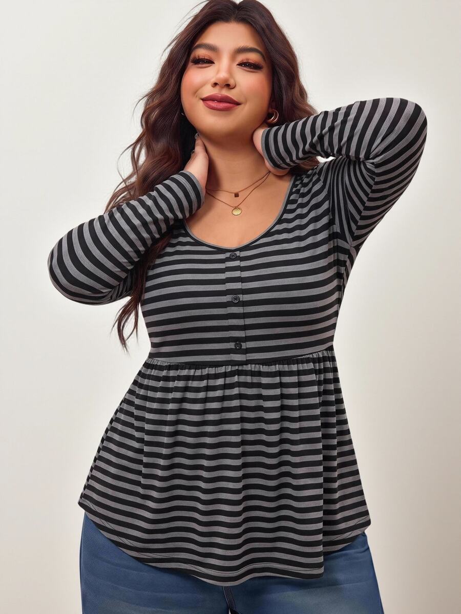 Enliva Plus Size Women's Striped Casual Everyday Stretch Long-Sleeve T-Shirt Apple,Rounded Body - Multicolor - View 1