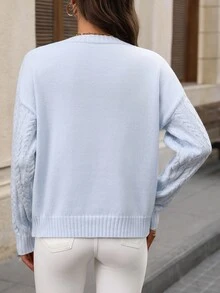 EMERY ROSE Sweater Rajut Kabel Lengan Panjang Leher Bulat Warna Polos Bahu Jatuh Model Brunch Warna Biru Muda Musim Gugur Kasual Musim Dingin - Aqua Biru - View 2