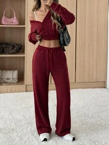 SHEIN EZwear 女款純色單排扣長袖夾克與腰帶褲兩件套 - 酒紅色 - 查看 3