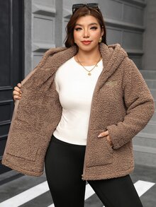 SHEIN Clasi Jaket Lengan Panjang Kasual Serbaguna Wanita Ukuran Besar Warna Polos dengan Resleting - Khaki - View 7