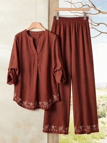 Rusticease Button Embroidered Rolled Sleeve Top And Solid Color Elastic Waist Long Pants 2 Pieces Set - Brown - View 6