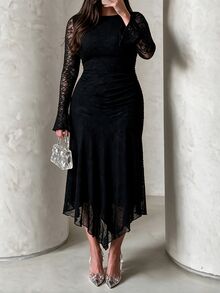 Modelyn Plus Size Women Black Lace Round Neck Long Sleeve Side Ruched Asymmetric Hem Fitted Midi Dress Dark Coquette Fall Halloween Night Out Party Evening - Black - View 2