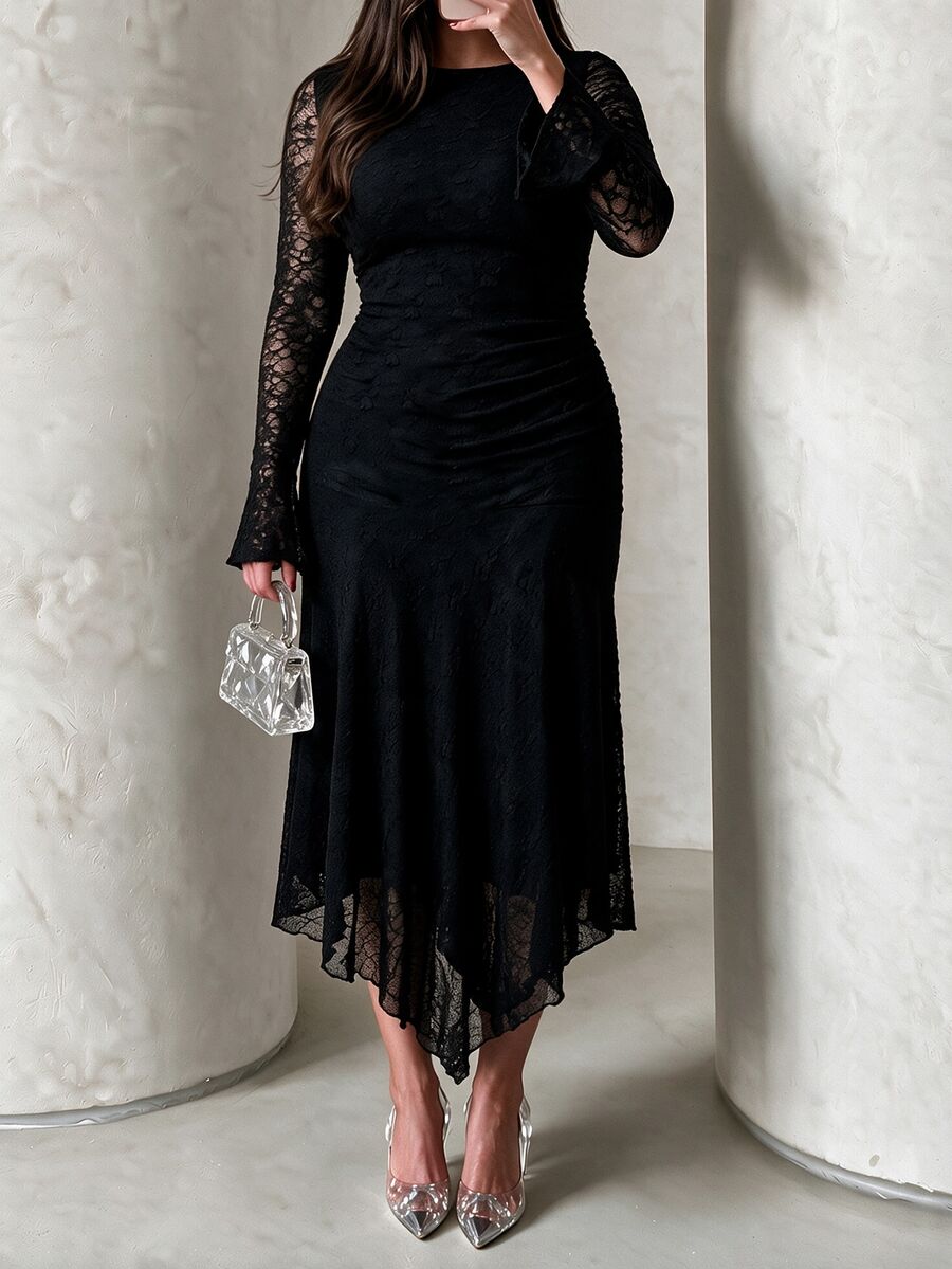 Modelyn Plus Size Women Black Lace Round Neck Long Sleeve Side Ruched Asymmetric Hem Fitted Midi Dress Dark Coquette Fall Halloween Night Out Party Evening