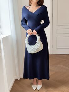 Feyla New Design Red Halter Neck Knitted Sweater Dress, Waist-Cinching Sexy Bodycon Knit Dress For Party - Burgundy - View 3