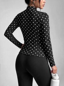 Easithlete Easithlete Women's Autumn/Winter Split Line Decor Black & White Polka Dot Print Zipper Jacket - Black and White - View 2
