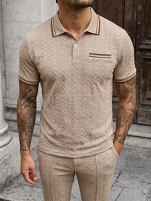 Manfinity CasualCool Men's Colorblock Short Sleeve Polo Shirt And Long Pants Casual Daily Outfit - Khaki - View 3