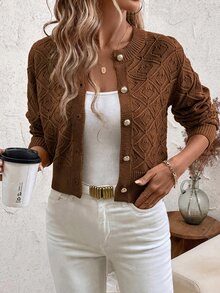 SHEIN Clasi كارديجان محبوك بأكمام طويلة وأزرار وتصميم مفرغ متعدد الاستخدامات للمقاسات الكبيرة - بني - مشاهدة 4