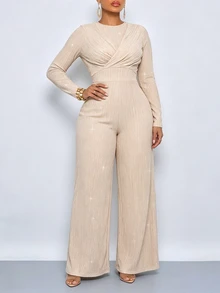 SOLERSUN Plus Size Women's Autumn/Winter Casual Commute Party Textured Elastic Sequin Fabric Round Neck Long Sleeve Ruched Wide Leg Jumpsuit Fall - Apricot - View 2