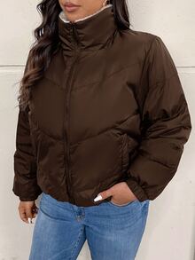 SHEIN Frenchy 大尺碼女款保暖內裡休閒百搭連帽填充外套 冬季 - 咖啡棕 - 查看 7