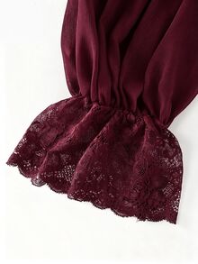 LUMIGAL Vintage Elegant Commuter Sheer Sleeve Lace Trim Velvet Flared Long Sleeve Blouse - Burgundy - View 4