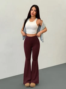SHEIN PETITE بنطلون طويل نسائي بلون موحد كاجوال متعدد الاستخدامات للارتداء اليومي - عنابي اللون - مشاهدة 8