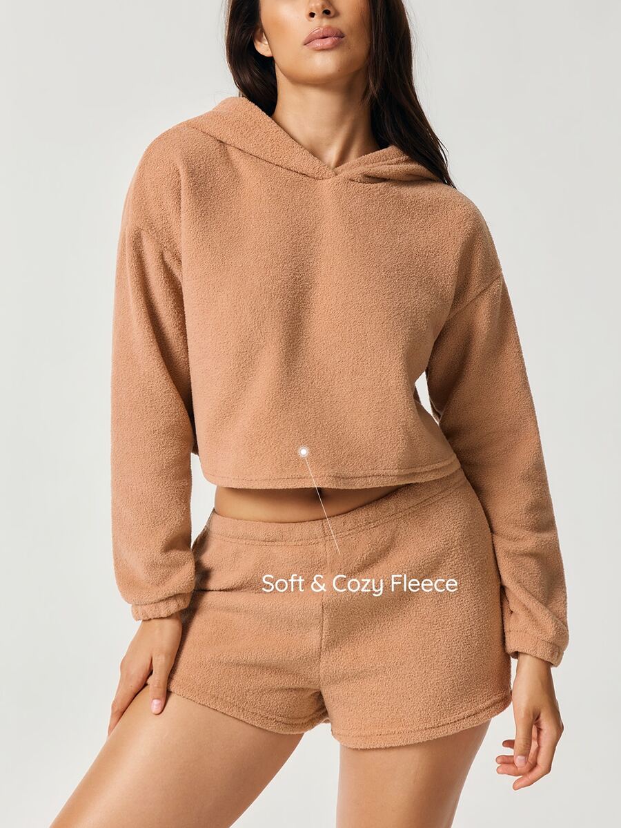 SHAPORA Women's Autumn/Winter Fashion Minimalist Comfortable Khaki Half-Fleece Short Sweatshirt & Ultra Shorts Loungewear 2pcs Set - Khaki - View 1