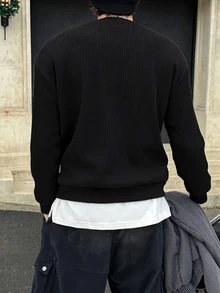 DAZY Spring/Autumn Round Neck Black Ribbed Heavyweight Loose Fit Men's Pullover Sweatshirt - Black - View 2