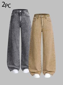 SHEIN 青少年女孩 2 件組 多色百搭寬鬆直筒修身休閒寬腿牛仔褲，適合春、秋、冬日常穿著、學校、度假、感恩節、聖誕節或返校季 - 彩色 - 查看 1
