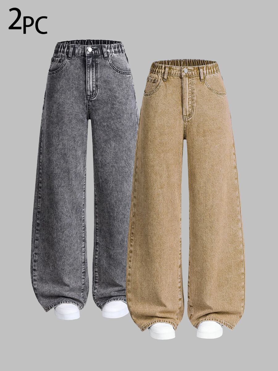 SHEIN 青少年女孩 2 件組 多色百搭寬鬆直筒修身休閒寬腿牛仔褲,適合春、秋、冬日常穿著、學校、度假、感恩節、聖誕節或返校季 - 彩色 - 查看 1