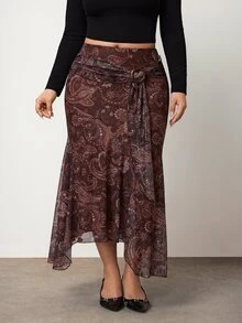 Enliva Plus-Size High-Waisted Ruffled Asymmetrical Hem Midi Skirt, Elegant And Retro Apple,Rounded Body - Multicolor - View 4