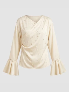 Tideelle Spring/Autumn New Elegant Commute V-Neck Solid Color Pearl Flare Long Sleeve Blouse, Suitable For Dating, Commuting, Gathering Outfits - Beige - View 4
