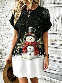 Selamara 聖誕節 定位印花 可愛雪人女款大尺碼圓領寬鬆連身裙，適合日常穿著與派對場合 - 黑色 - 查看 1