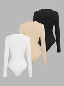 Flirla Casual Versatile Commute Vacation Thermal Lined Stand Collar 3pcs Set Women Bodysuit - Multicolor - View 2