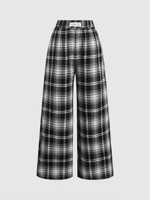 SHEIN 青少年女孩四季基本休閒街頭風格格紋拼色低腰寬鬆闊腿長褲，秋季青少年女孩 - 黑與白 - 查看 4