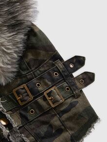 ROMWE Hippie Women's Plush Patchwork Buckle Design Casual Versatile Denim Top - Army Green - View 3