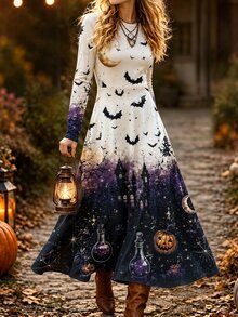 Breezaya Women's Round Neck Halloween Theme Print Long Sleeve Dress - Multicolor - View 4