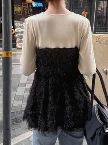 FRIFUL 女款法式風格流蘇亮片二合一長袖T恤 - 黑色 - 查看 2