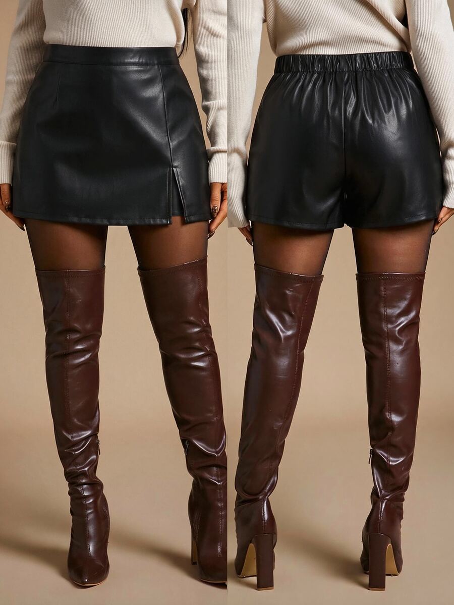 Radiana Casual Black PU Plus Size Shorts, Suitable For Spring/Autumn, Music Festivals, Y2K - Black - View 1