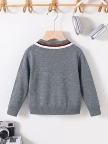 SHEIN Little Byeori 兒童小男孩冬季V領條紋針織秋季毛衣，學院風返校休閒職業日長袖套頭衫，適用生日、婚禮、派對 - 灰色 - 查看 3