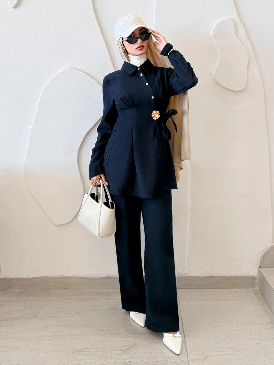 Solavon New Design Asymmetrical Lace-Up Waist-Cinching Slimming Long Top And Wide Leg Pants Set