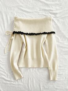 Elamini Women's Slim Fit Lace Trim Off Shoulder Long Sleeve Patchwork Tie Bow Knit Sweater - Apricot - View 2