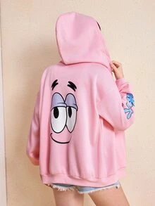 SpongeBob SquarePants | SHEIN Women's Cartoon Pattern Print Zip-Up Sweatshirt With Pockets - Baby Pink - View 2