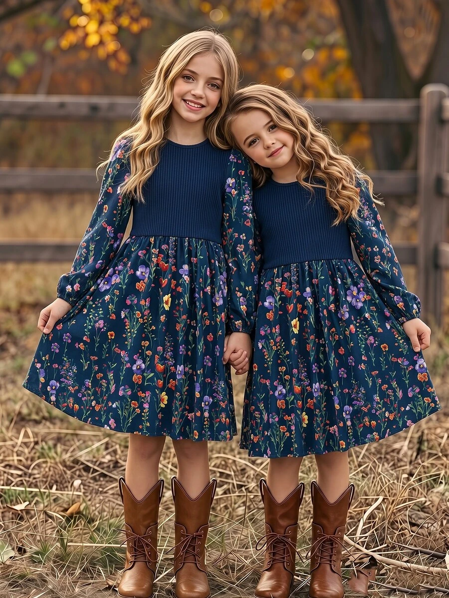 Tween Girls Dress, Navy Blue, Slim Fit, Casual Wear, Fashionable Versatile, Elegant, Floral, Ruffle, Party, Print, Autumn, Sweet - Multicolor - View 1