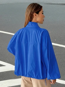 SHEIN EZwear 秋冬款拉鍊式落肩夾克外套 - 寶藍色 - 查看 2